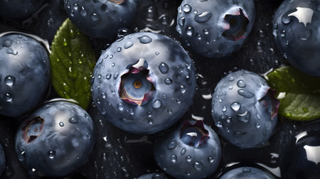 Blueberries with water drops on a dark background. top view. Generative AI.の素材