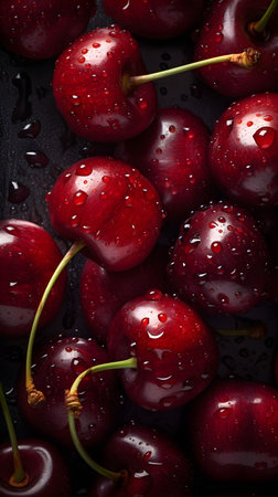 Cherries on a dark background with water drops. top view. Generative AI.の素材