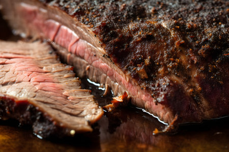 Grilled beef steak on a black background, close-up. Generative AI.の素材