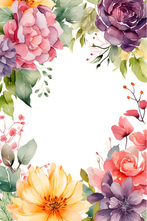 Watercolor floral frame. Hand painted flowers and leaves isolated on white background.の写真素材