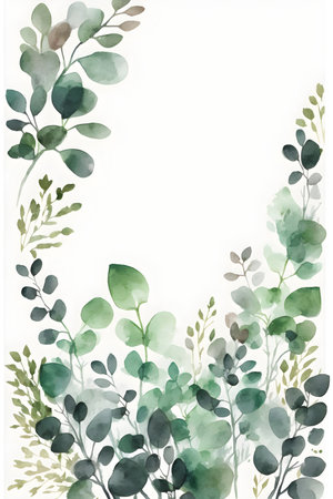 Watercolor background with eucalyptus branches and leaves.の写真素材
