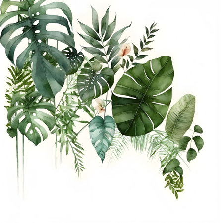 Watercolor illustration of tropical leaves and flowers. Hand drawn botanical illustration.の写真素材