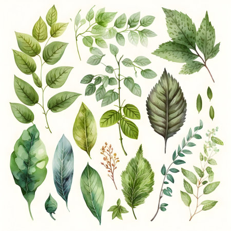 Collection of watercolor leaves and branches. Hand drawn botanical illustration.の写真素材