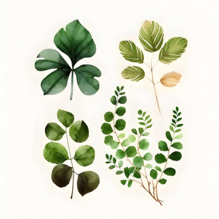 Set of watercolor green leaves on white background. Vector illustration.の写真素材