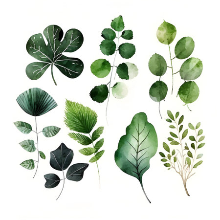 Watercolor vector set of green leaves and branches. Hand painted illustration.の写真素材