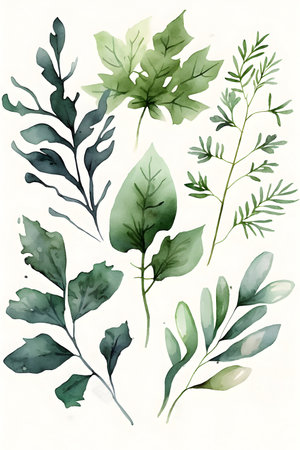 Watercolor set of green leaves isolated on white background. Hand drawn illustration.の写真素材