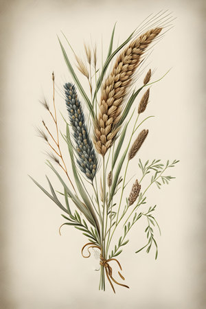 Bouquet of wheat ears and herbs on old paper background.の写真素材