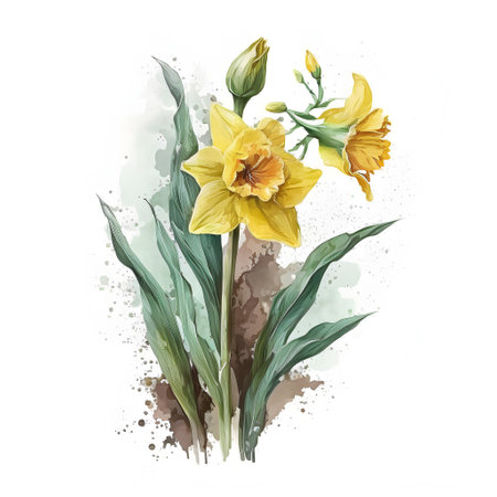 Watercolor illustration of yellow daffodils on white background.の写真素材