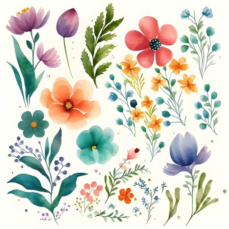 Set of watercolor flowers and leaves. Hand-drawn illustration.の写真素材