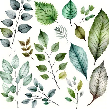 Set of watercolor leaves and branches. Hand drawn vector illustration.の写真素材