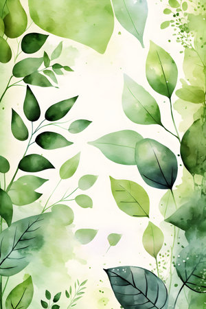 Watercolor background with green leaves and watercolor spots. Vector illustration.の写真素材