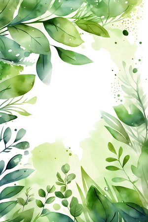 Watercolor background with green leaves and watercolor stains. Vector illustration.の写真素材