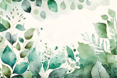 Watercolor background with green leaves. Hand painted watercolor illustration.の写真素材