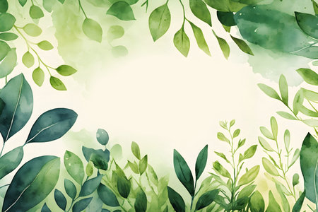 Watercolor background with green leaves. Hand drawn watercolor illustration.の写真素材