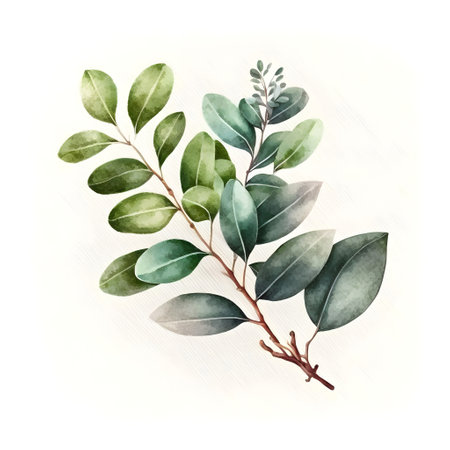 Watercolor illustration of eucalyptus branch with green leaves.の写真素材