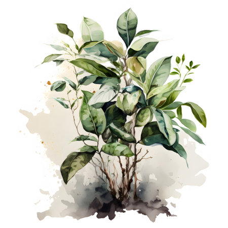 Watercolor drawing of a ficus tree on a white background.の写真素材