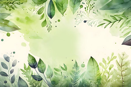 Watercolor floral background with green leaves. Vector illustration for your designの写真素材