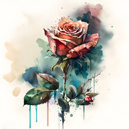 Watercolor painting of rose flower on grunge watercolor background.の写真素材