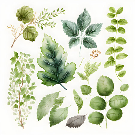 Set of watercolor leaves and twigs. Hand drawn illustration.の写真素材
