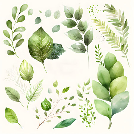 Set of watercolor leaves and branches, hand drawn vector illustration.の写真素材