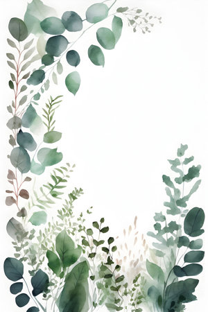 Creative Background with Hand-Painted Watercolor Leavesの写真素材