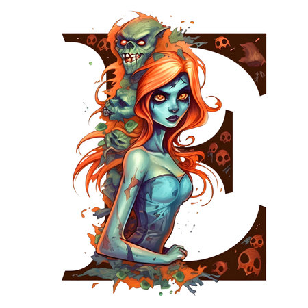 Zombie girl with amazing halloween letter E decoration separated on white backgroundの素材