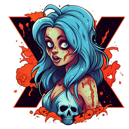 Zombie girl with amazing halloween letter X decoration separated on white backgroundの素材