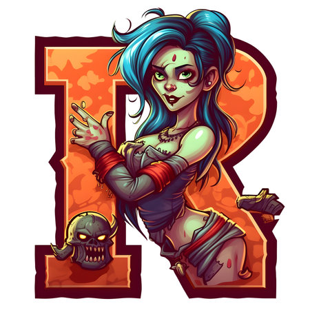 Zombie girl amazing halloween letter R decoration separated on white backgroundの素材