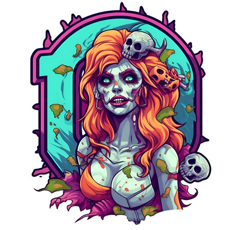 Zombie girl with amazing halloween letter O decoration separated on white backgroundの素材