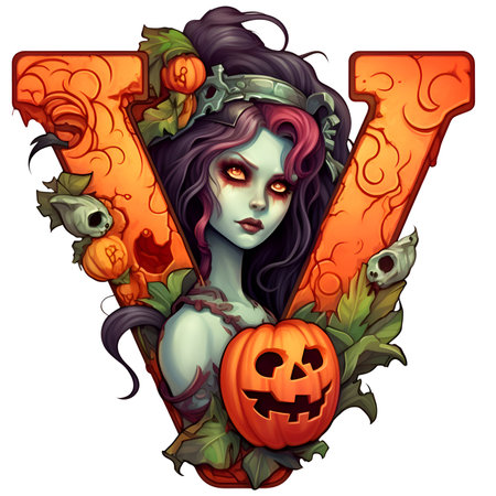 Zombie girl with amazing halloween letter V decoration separated on white backgroundの素材