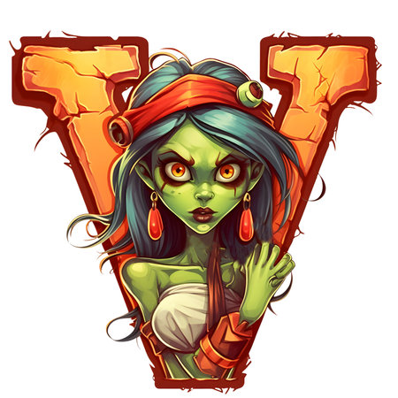 Zombie girl with amazing halloween letter V decoration separated on white backgroundの素材