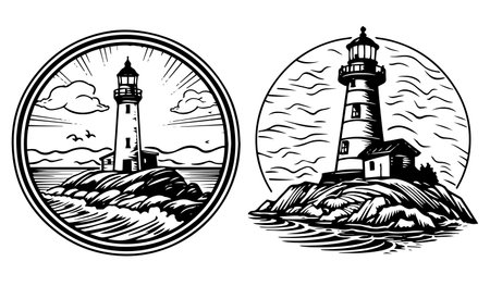 Lighthouse on the coast. Black and white engraved ink art. Vector illustration.のイラスト素材