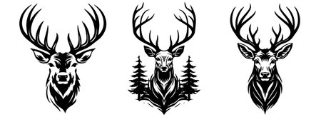 Deer head with antlers. Set of black and white vector illustrations.のイラスト素材