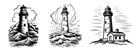 Lighthouse in the sea. Set of hand drawn vector illustrations.のイラスト素材