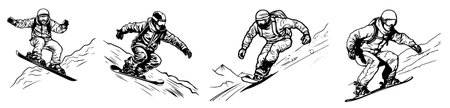Snowboarders, vintage line drawing or engraving illustration.のイラスト素材