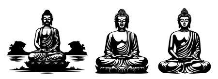 Buddha statue. Vector illustration in black and white colors.のイラスト素材
