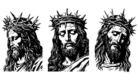 Three images of Jesus Christ with crown of thorns. Vector illustration.のイラスト素材