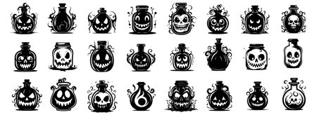 Halloween potion icons set. Cartoon illustration of 16 halloween potion icons for webのイラスト素材
