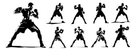 Boxing silhouettes. Set of black and white vector illustrations.のイラスト素材