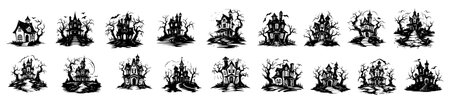 Set of silhouettes of houses and trees. Halloween vector illustration.のイラスト素材