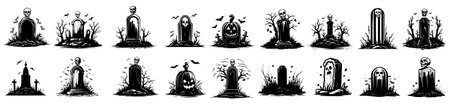 Set of black and white halloween silhouettes. Vector illustrationのイラスト素材