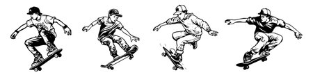 Skateboarders, vintage line drawing or engraving illustration.のイラスト素材
