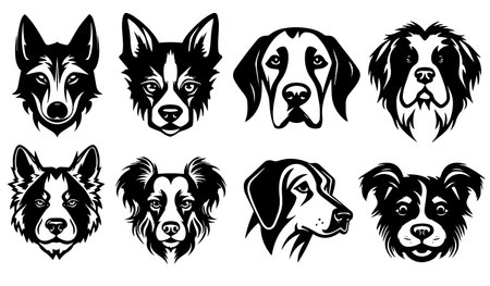Set of vector portraits of dogs in black and white colors on a white backgroundのイラスト素材