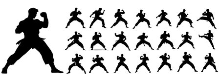 Kung fu fighter silhouettes. Vector illustration isolated on white background.のイラスト素材
