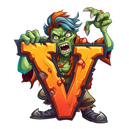 Zombie amazing halloween letter V decoration separated on white backgroundの素材