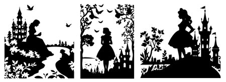 Princess and castle silhouettes. Vector illustration isolated on white background.のイラスト素材
