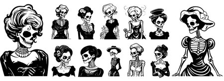 Set of vector illustrations of a woman in a skeleton costume. Isolated on white background.のイラスト素材