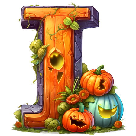 Halloween pumpkin letter I in cartoon style decoration separated on white backgroundの素材