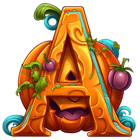 Halloween pumpkin letter A in cartoon style decoration separated on white backgroundの素材
