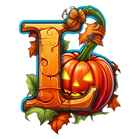 Halloween pumpkin letter L in cartoon style decoration separated on white backgroundの素材